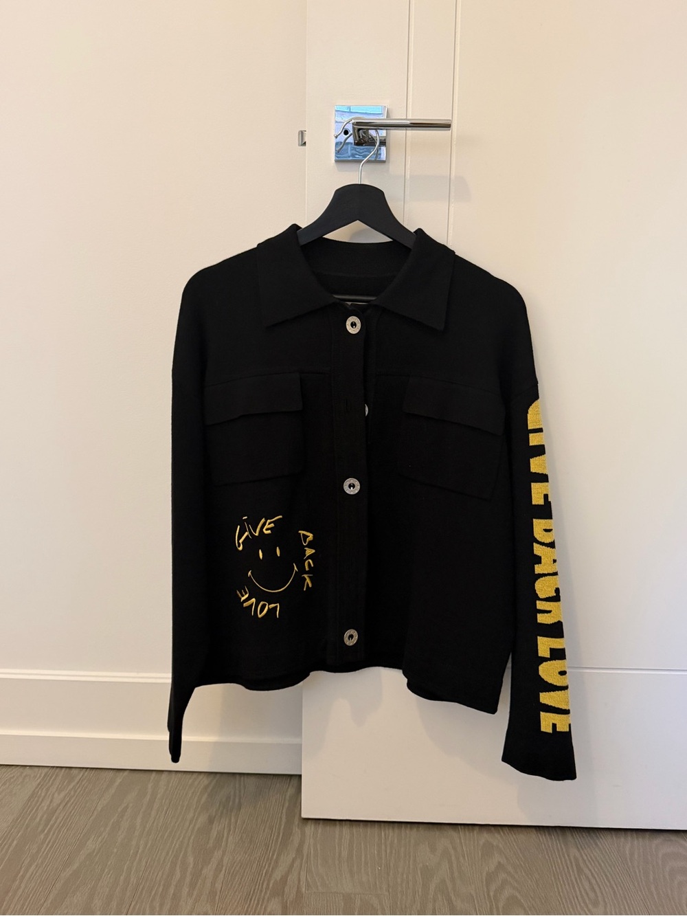 Sandro Black Knit Button-Front Jacket with Yellow Graphic Sleeve